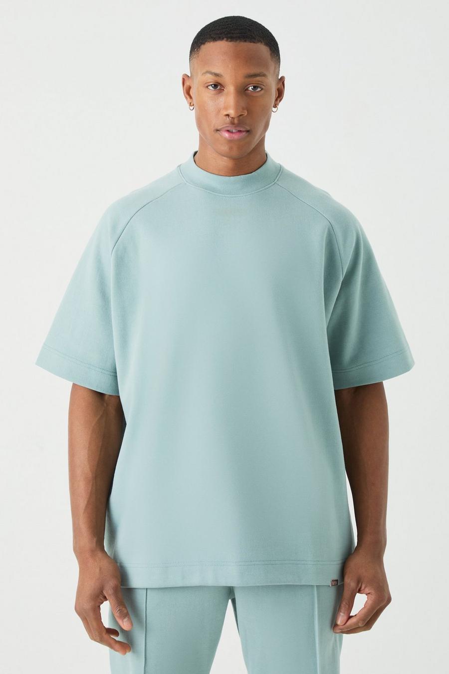 Dusty blue Man Oversized Dik Verweven Raglan T-Shirt Met Brede Nek image number 1
