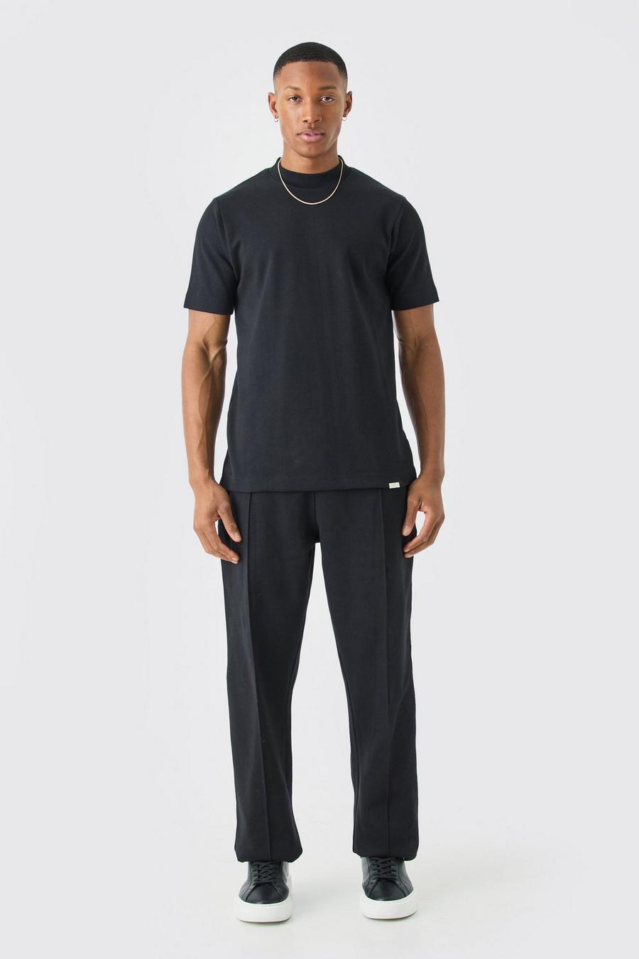 Black Verweven Slim Fit T-Shirt En Joggingbroek Set