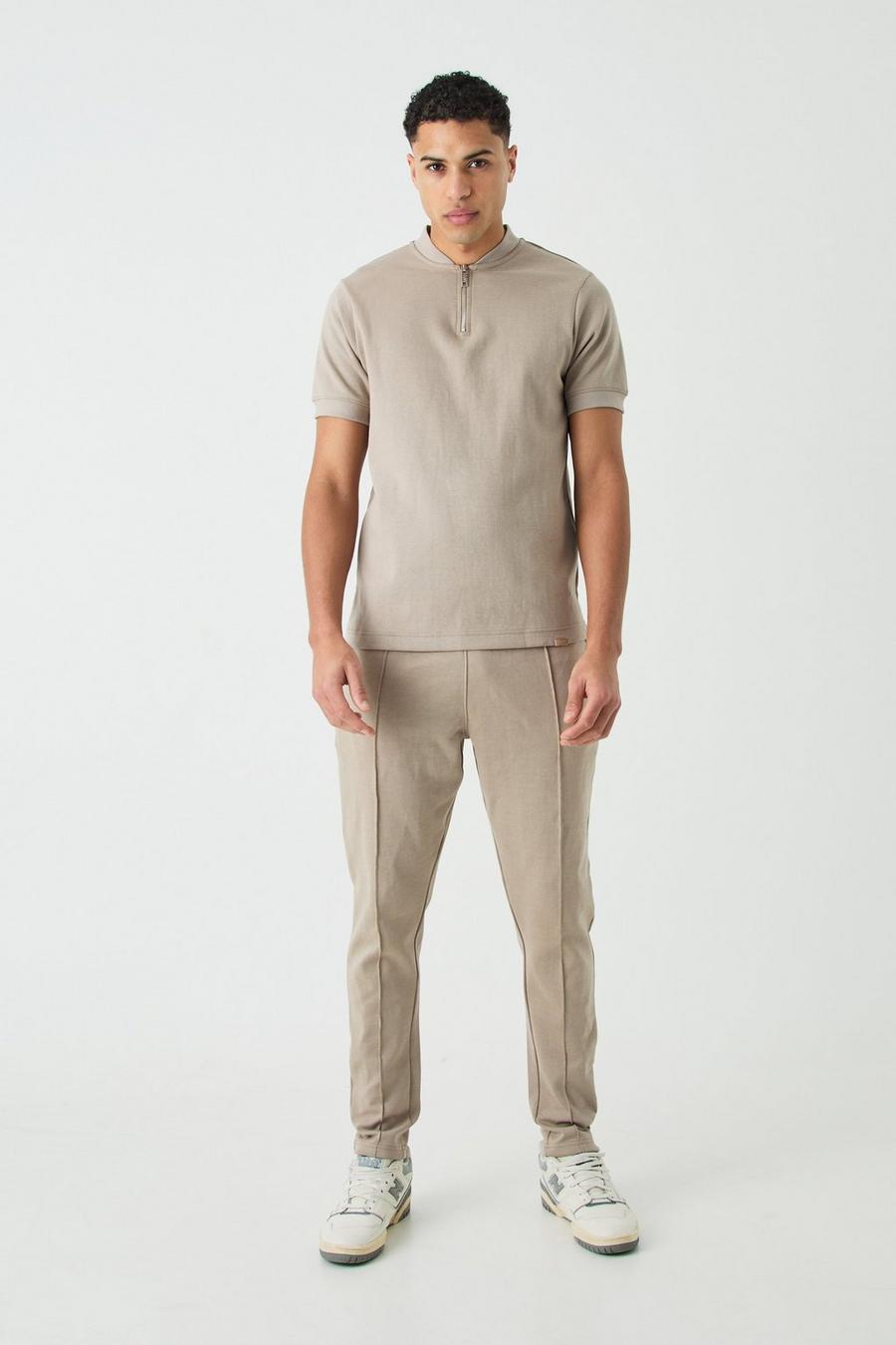 Taupe Slim Fit Polo Met Bomberjack En Toelopende Joggingbroek Set