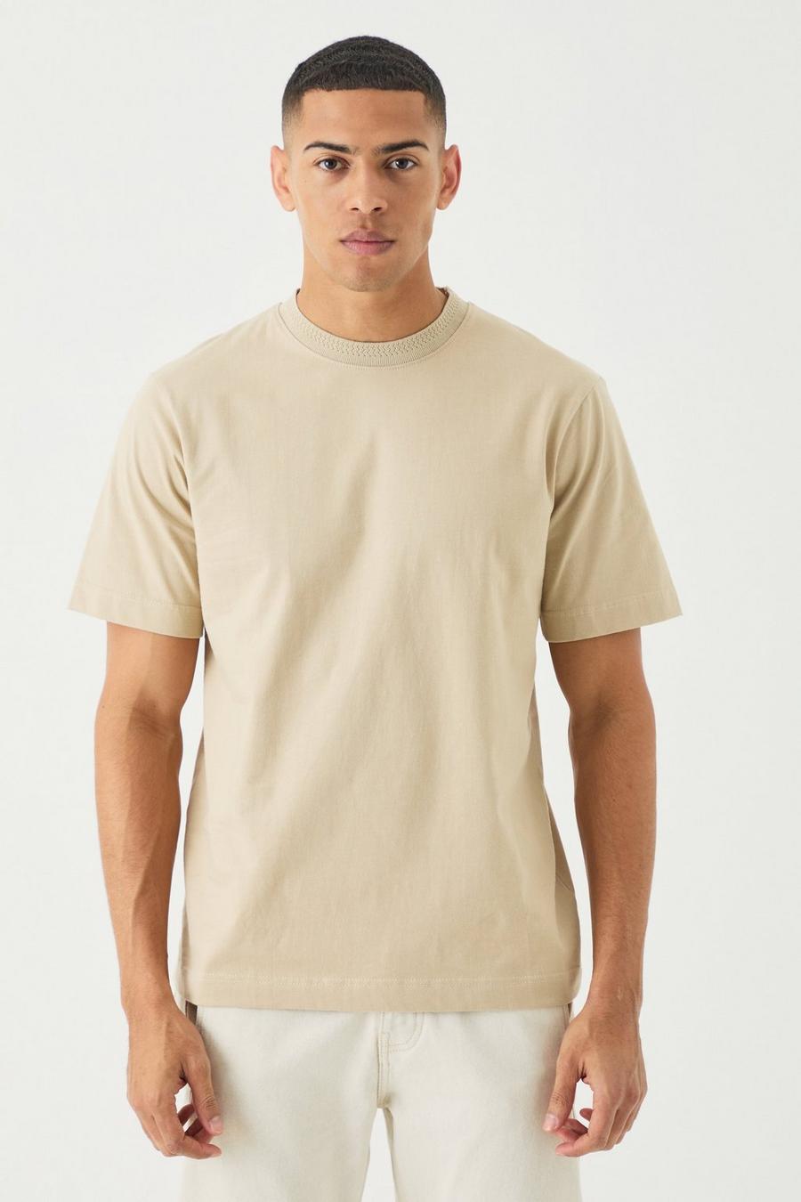 T-shirt Core pesante con scollo in jacquard, Sand