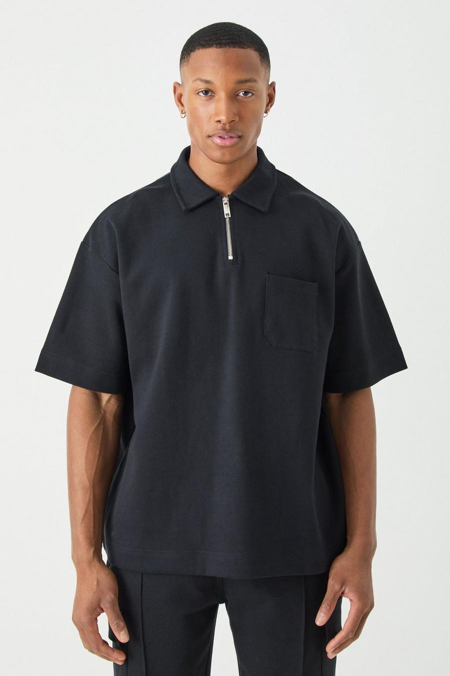 Black Oversized Dikke Verweven Man Polo Met Zakken