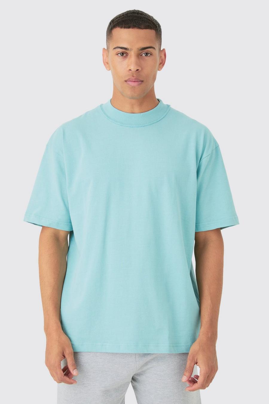 Camiseta oversize gruesa con cuello a cuadros y estampado cardado, Dusty blue