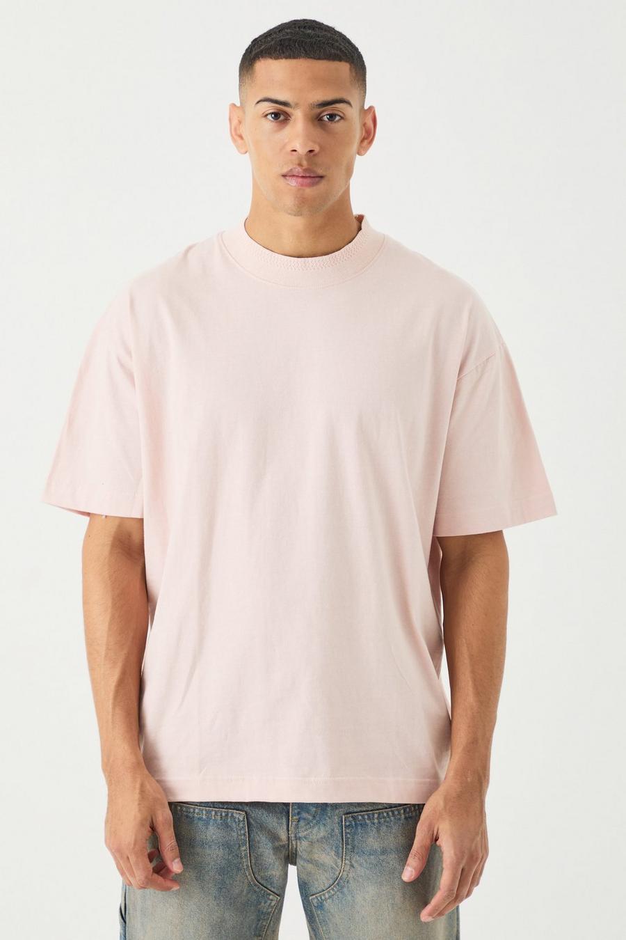 T-shirt oversize pesante con girocollo esteso in jacquard, Pastel pink