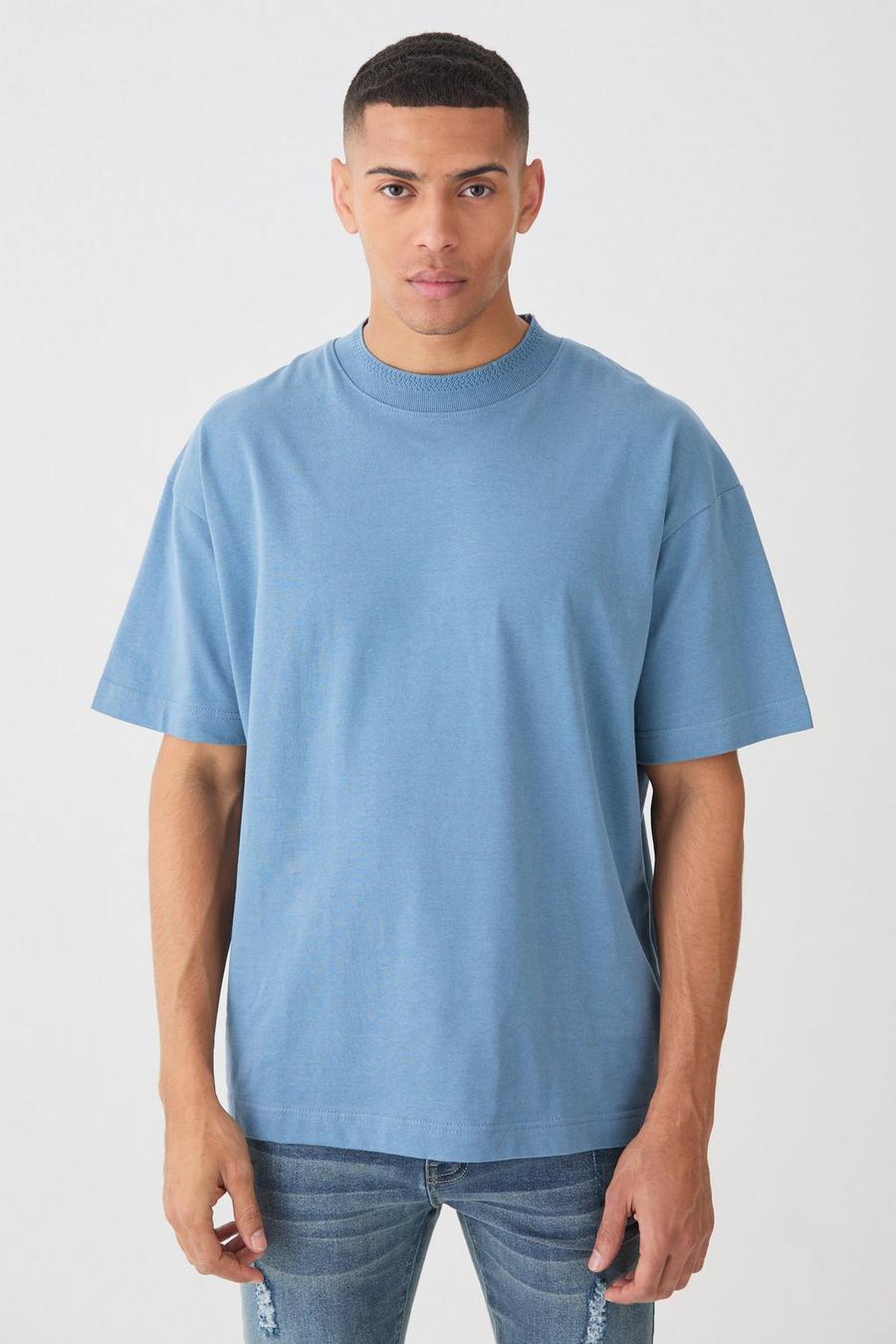 Blue Oversized Heavy Extended Jacqaurd Neck T-shirt