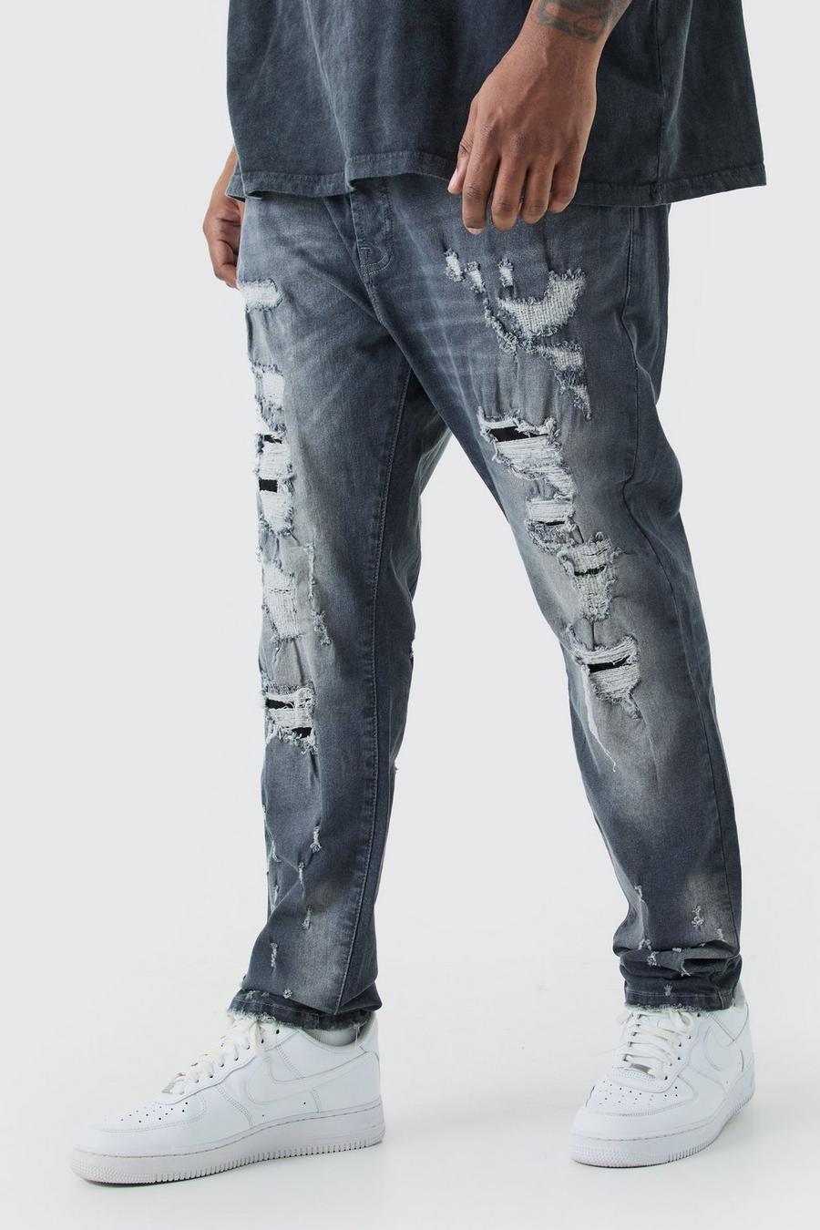 Jeans Plus Size Skinny Fit in Stretch con strappi e fondo grezzo, Dark grey
