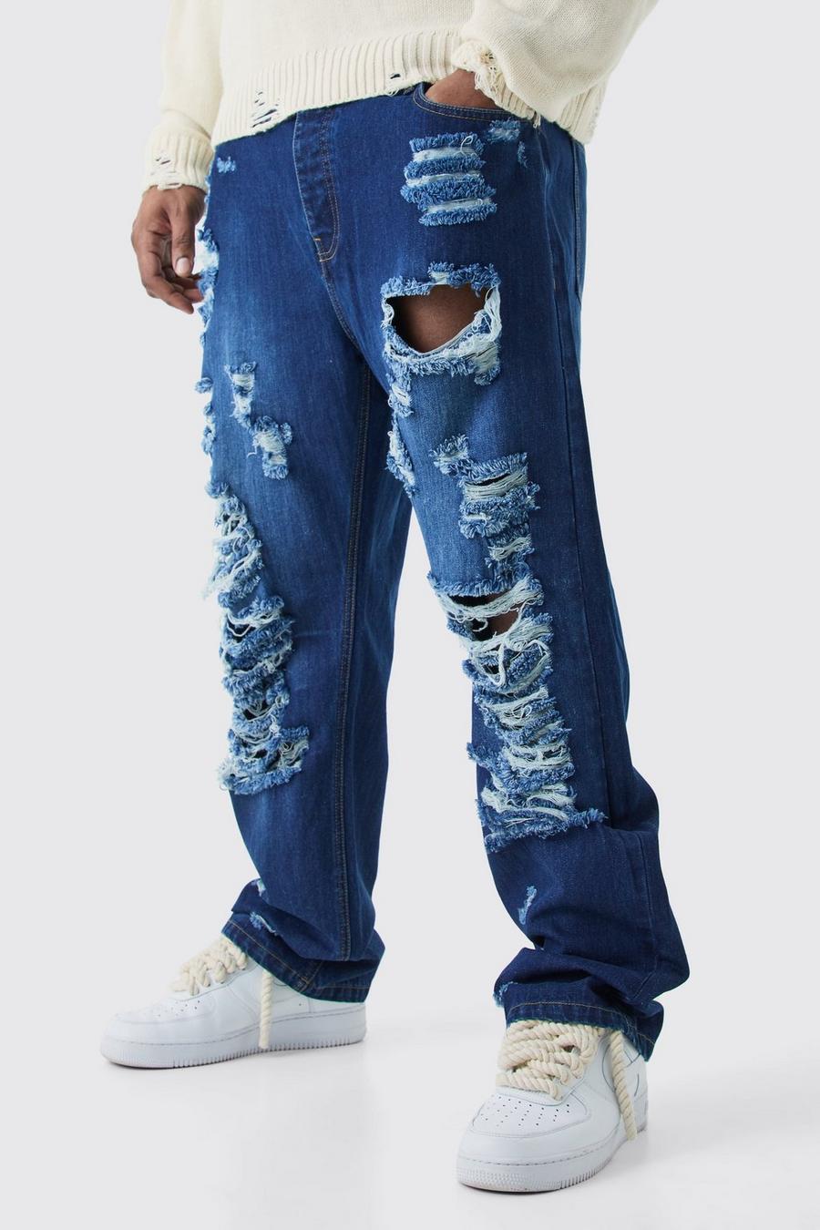 Mid blue Plus Extreme Rip Rigid Straight Fit Jean