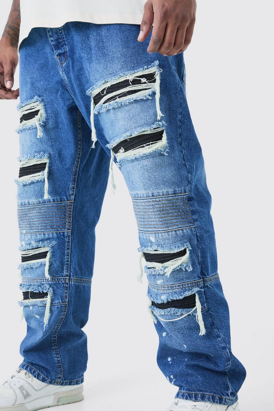 Indigo Plus Rip & Repair Jeans Met Rechte Pijpen