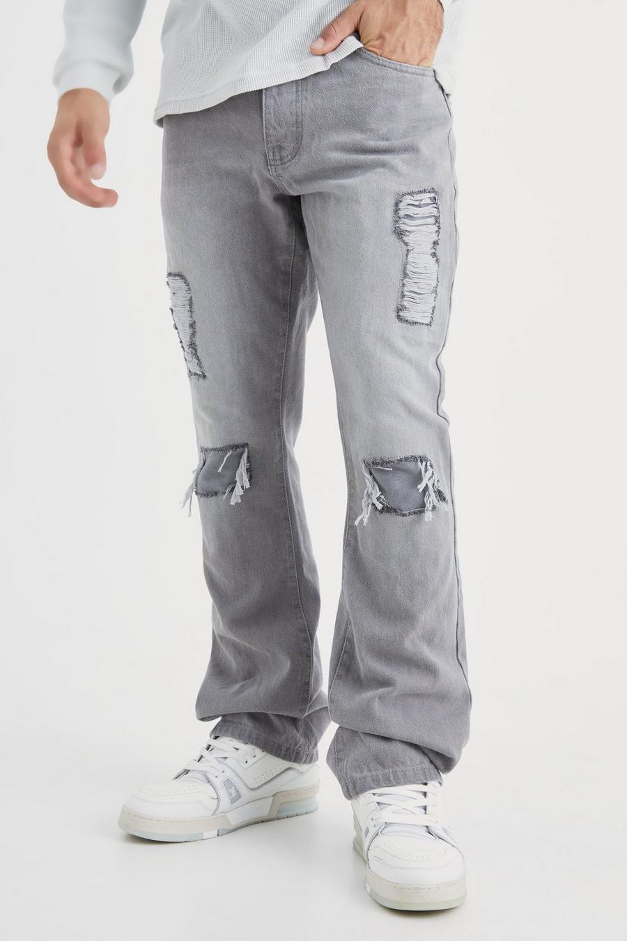 Jeans a zampa Slim Fit con strappi & rattoppi, Mid grey image number 1