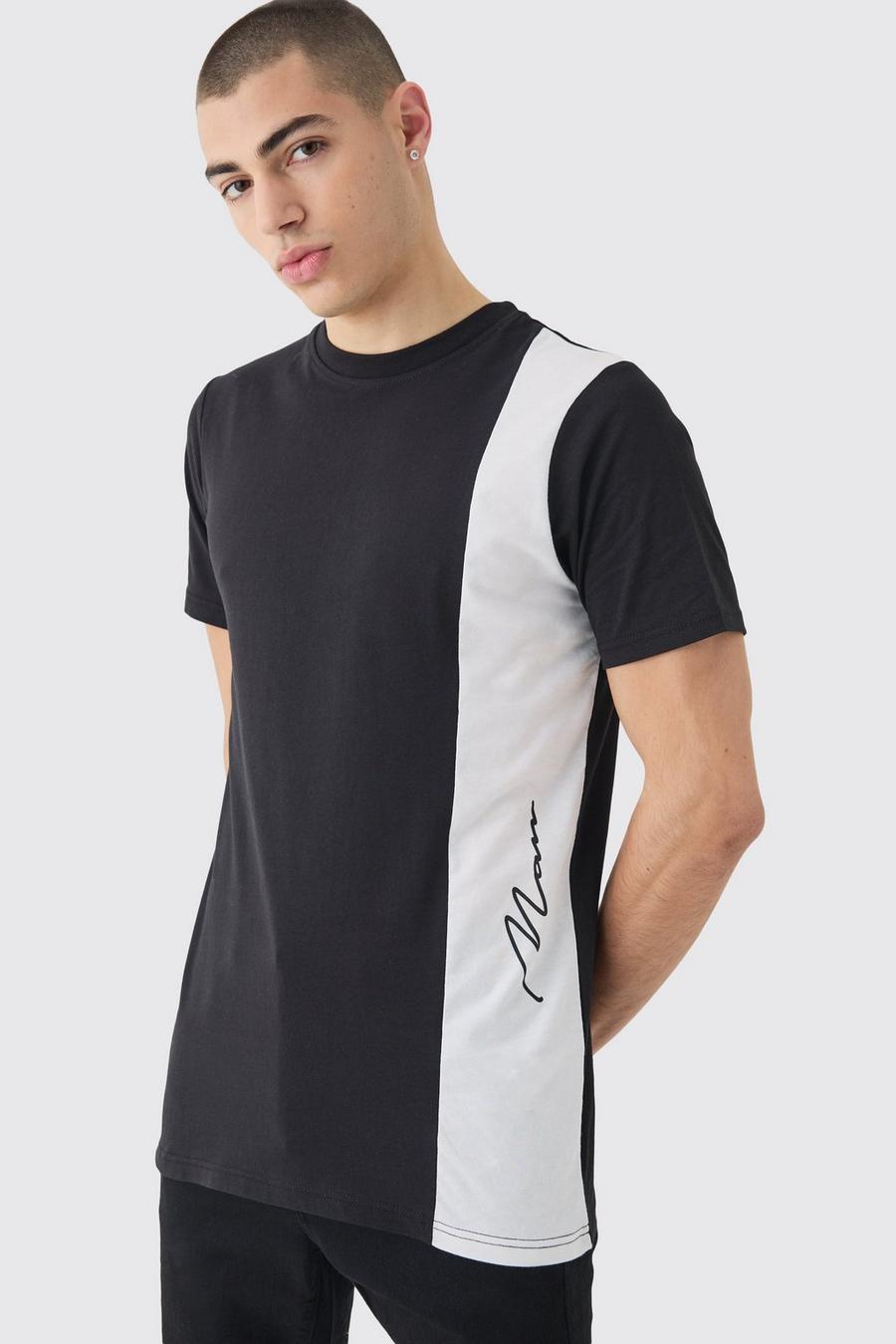 Black Man Slim Fit T-Shirt Met Color Block Paneel