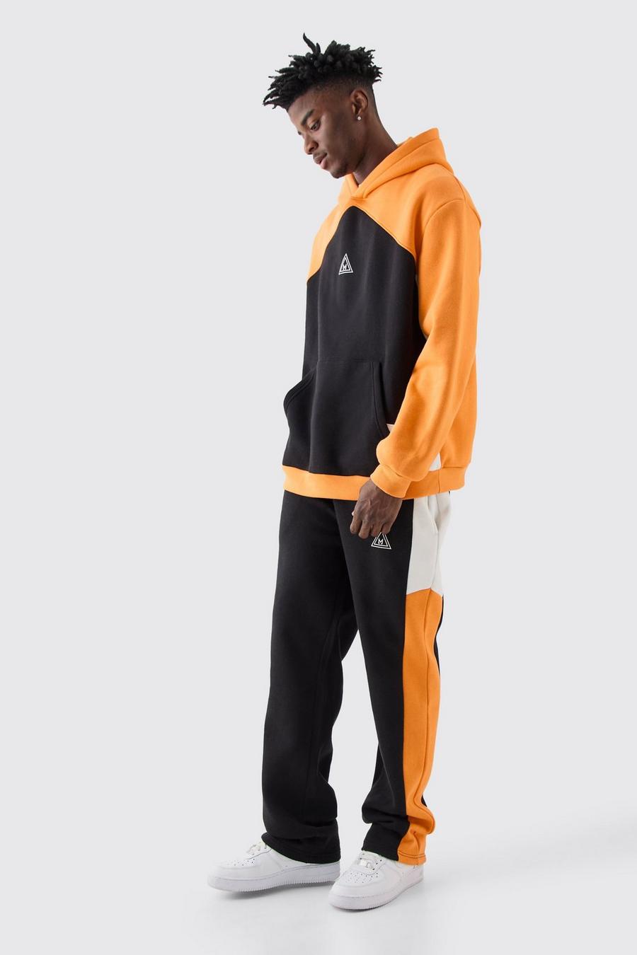 Black Oversized Branded Colour Block Relaxed Fit Hooded Tracksuit