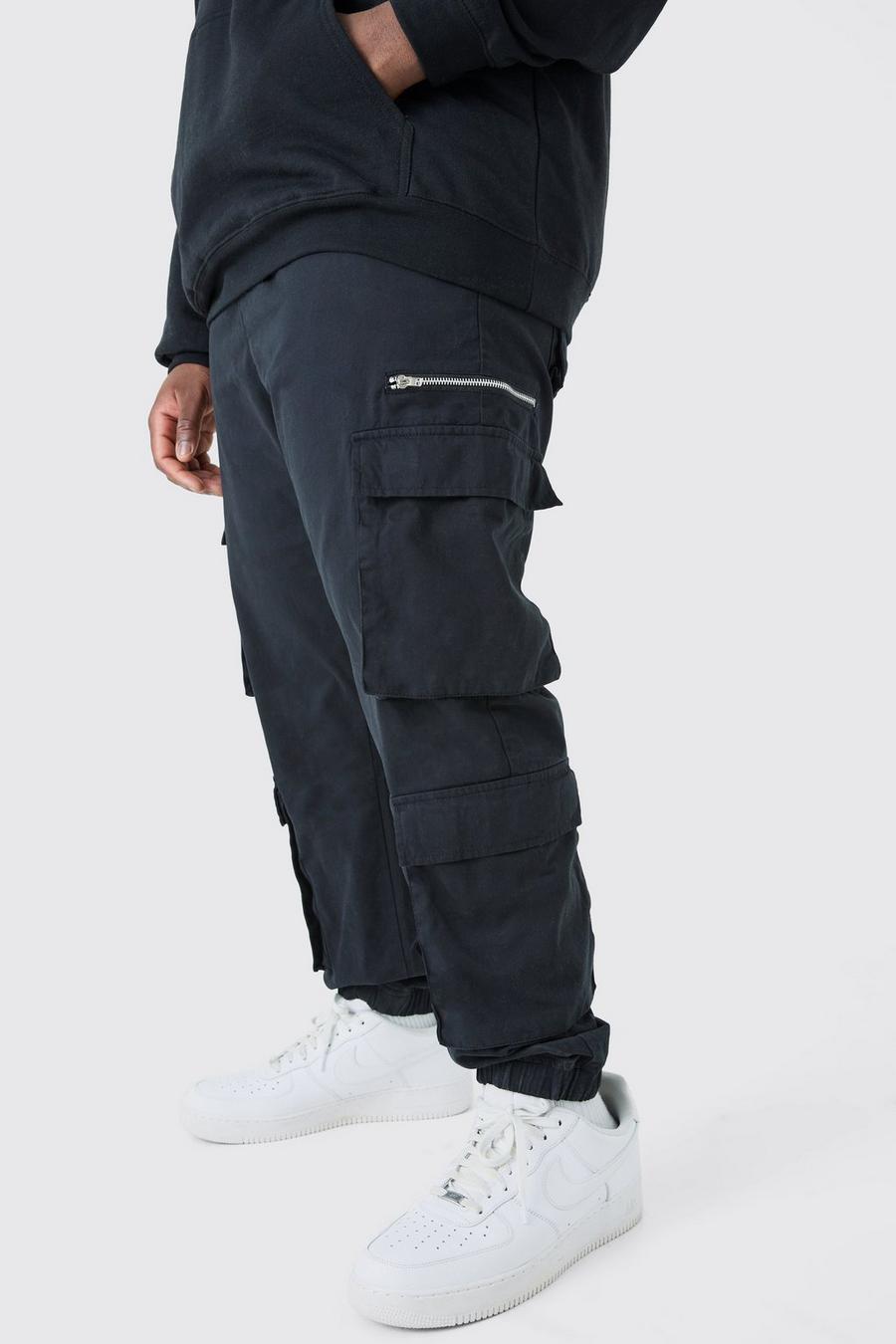 Pantaloni Cargo Plus Size Slim Fit con laccetti lunghi, Black image number 1