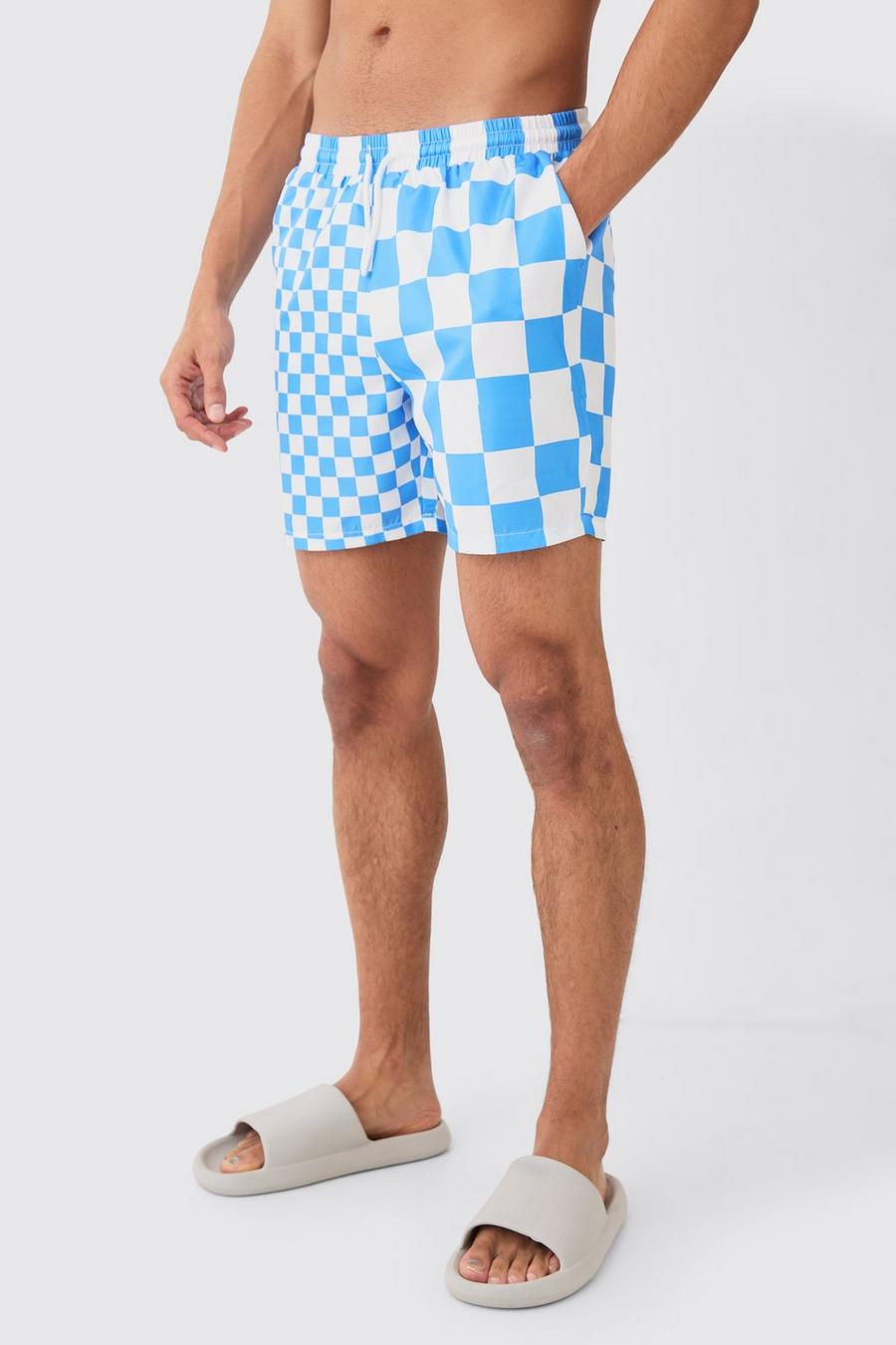 Cobalt Mid Length Checkboard Waistband Swim Shorts