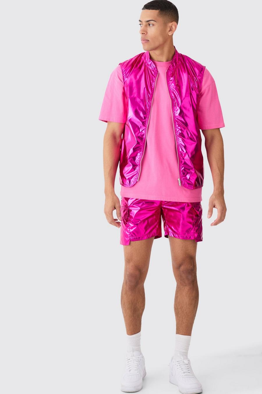 Pink Metallic Hemd En Parachute Shorts Set