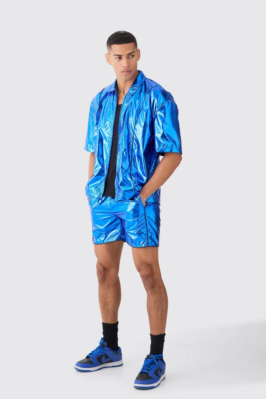 Blue Oversized Boxy Overhemd En Shorts Metallic Set
