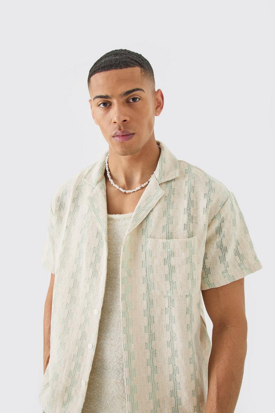 Camicia squadrata in maglia traforata a righe geometriche, Sage