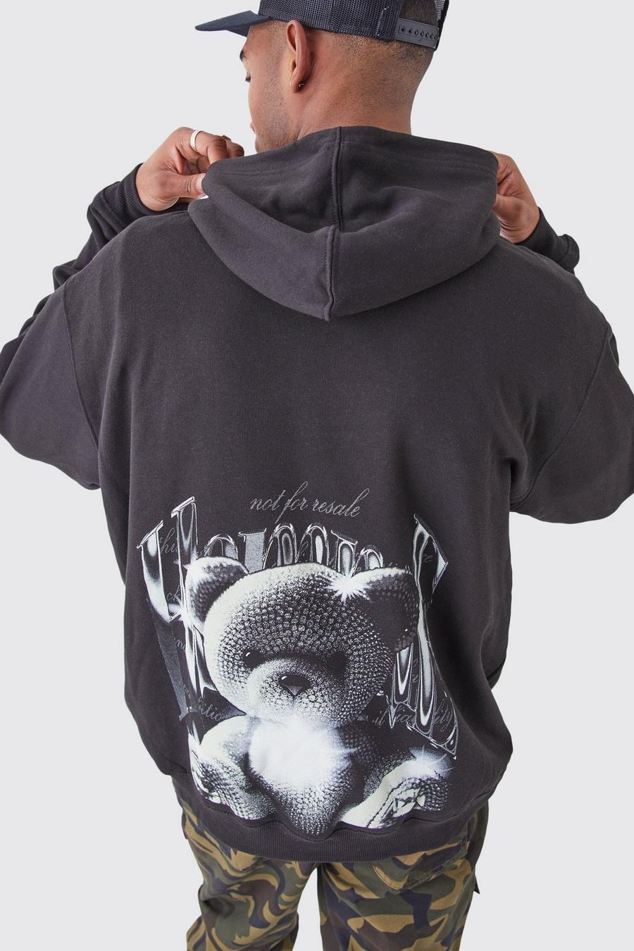 Black Tall Oversized Homme Teddy Print Graphic Hoodie