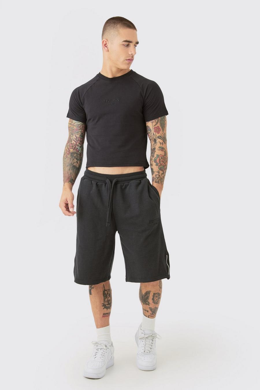 Conjunto oversize de camiseta y pantalón corto grueso con cremallera en el bajo, Black