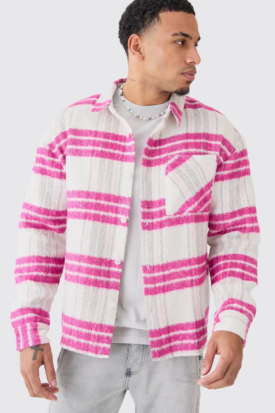 Sobrecamisa recta súper gruesa de cuadros cardados, Pink