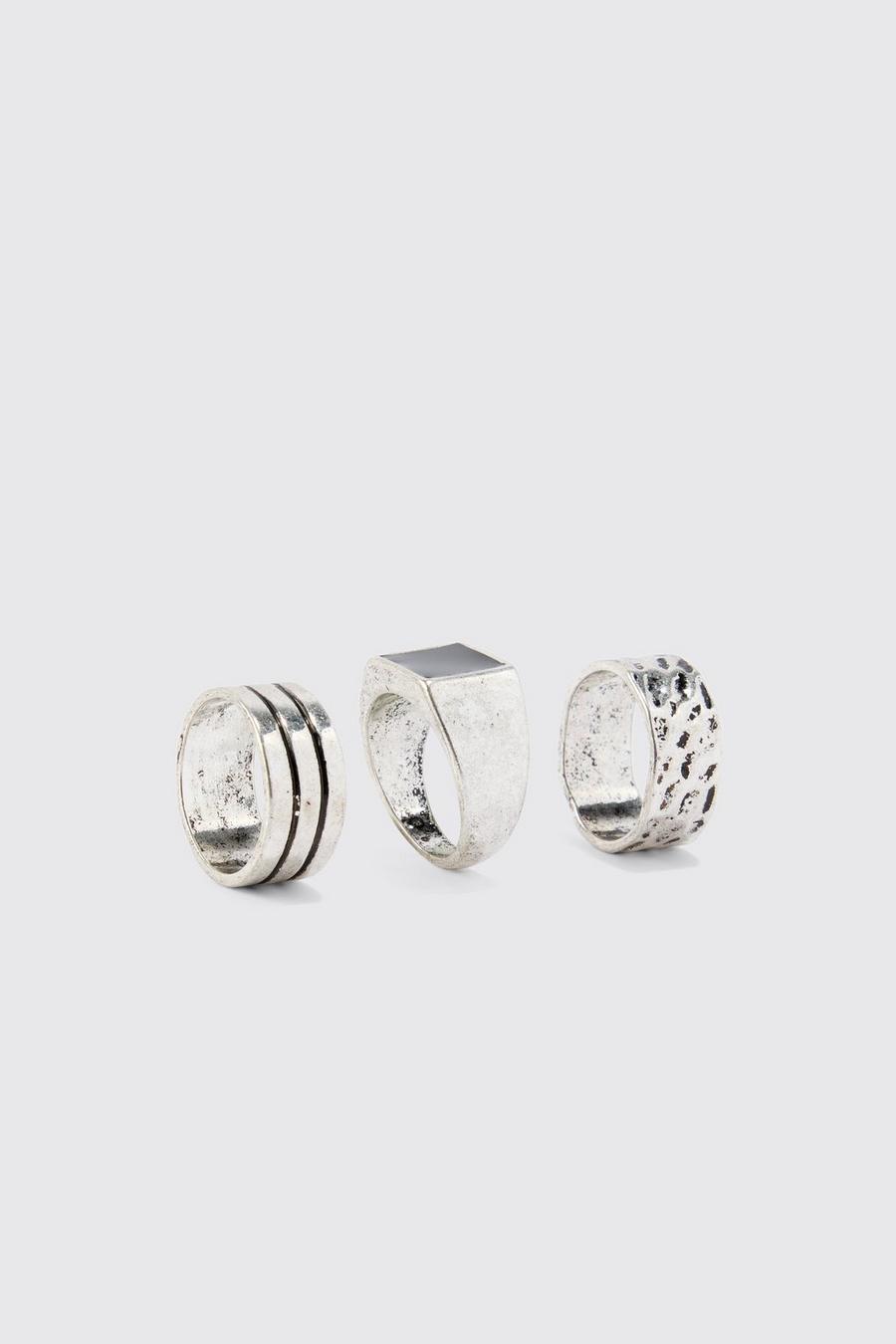 Silver 3 Pack Stone Embossed Rings
