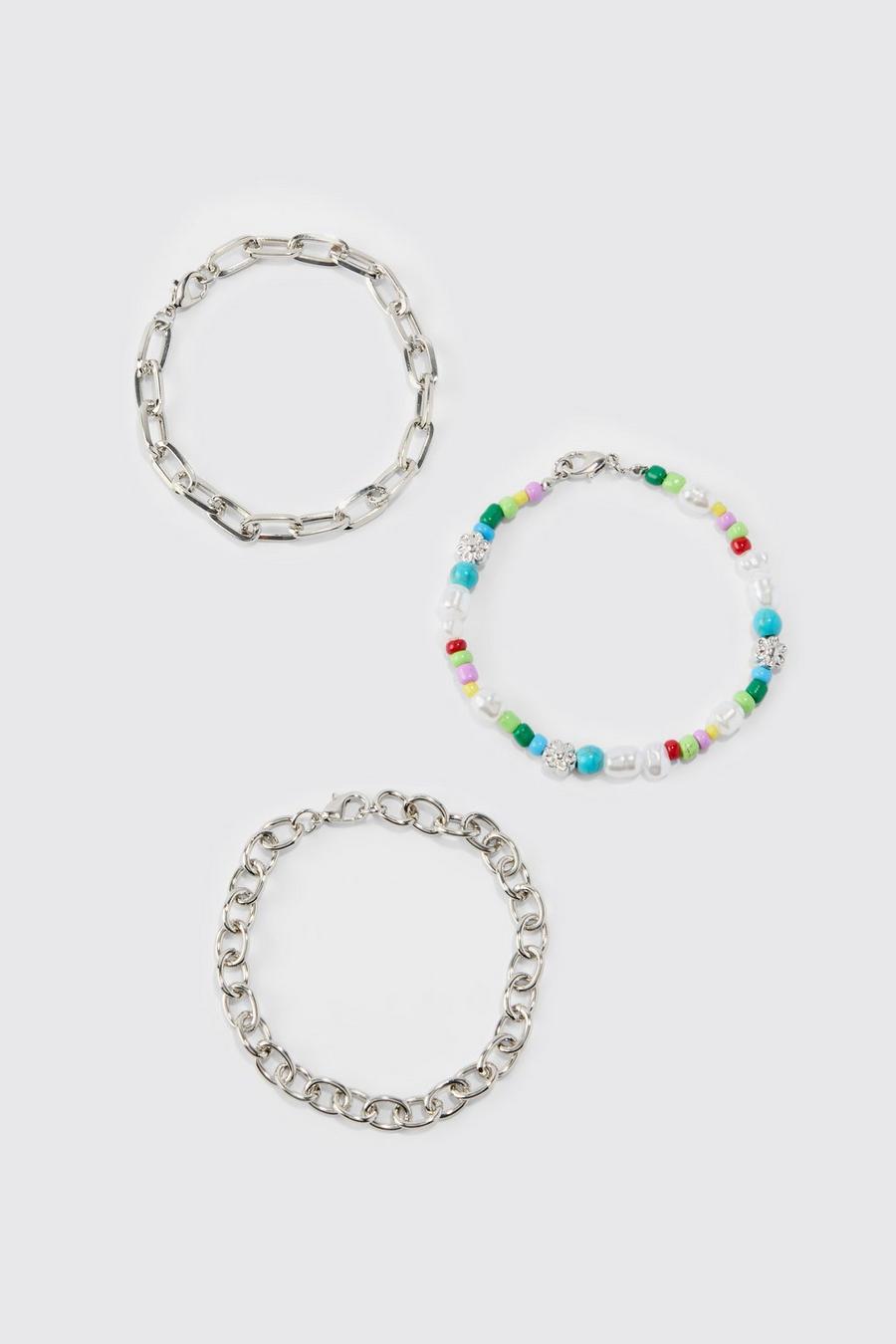 Lot de 3 bracelets en chaîne à perles, Silver