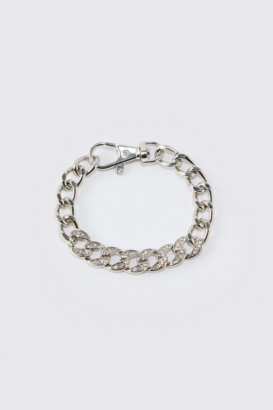 Bracelet strassé en chaîne épaisse avec fermoir, Silver