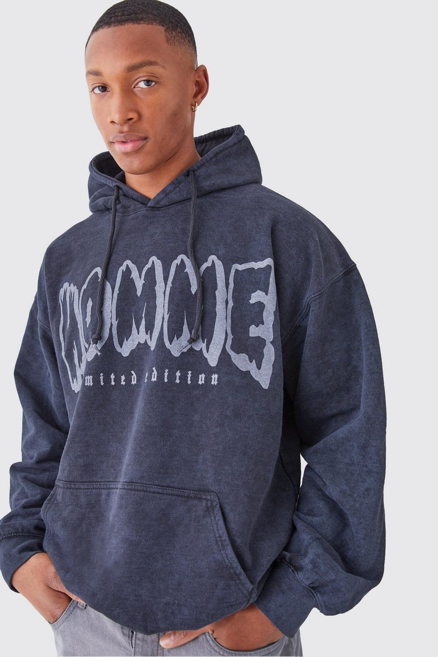 Black Oversized Acid Wash Graphic Hoodie 