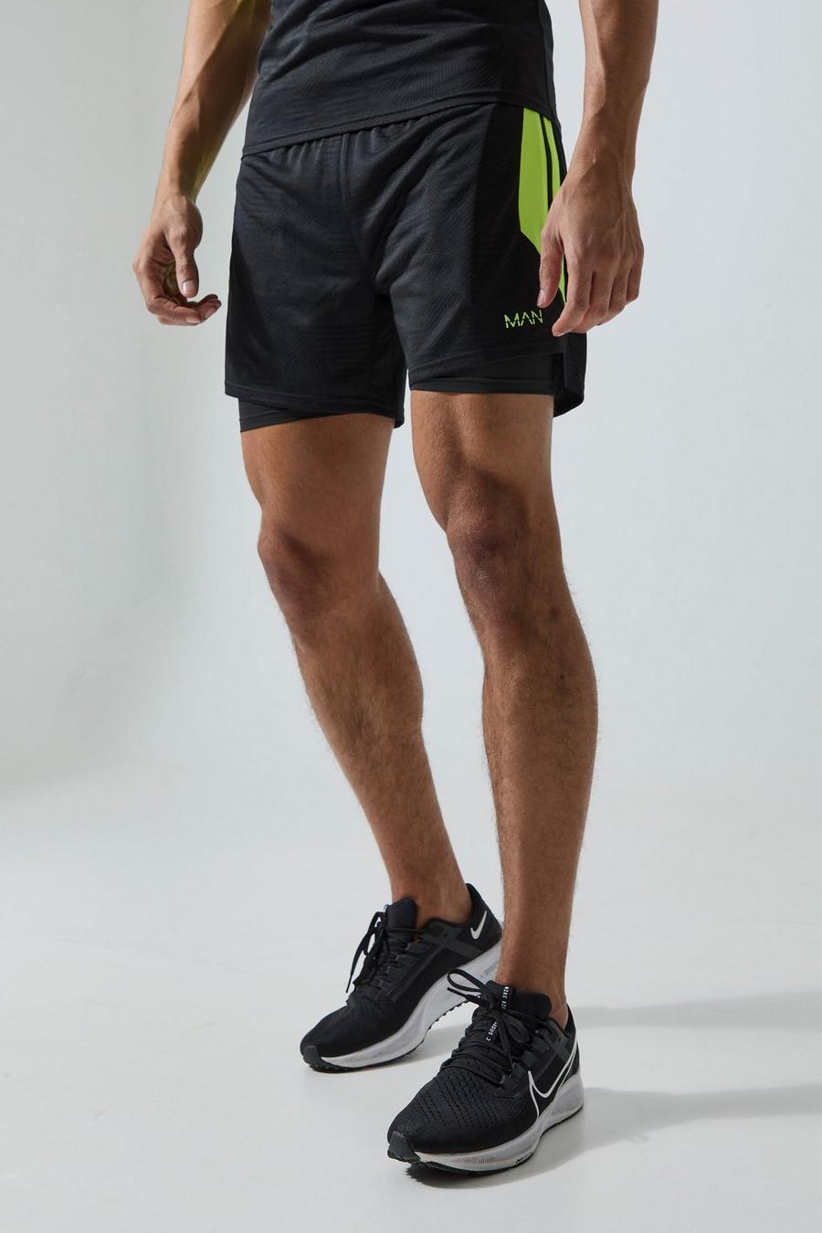 Pantaloncini 2 in 1 Man Active da 12 cm in jacquard con motivi geometrici, Black