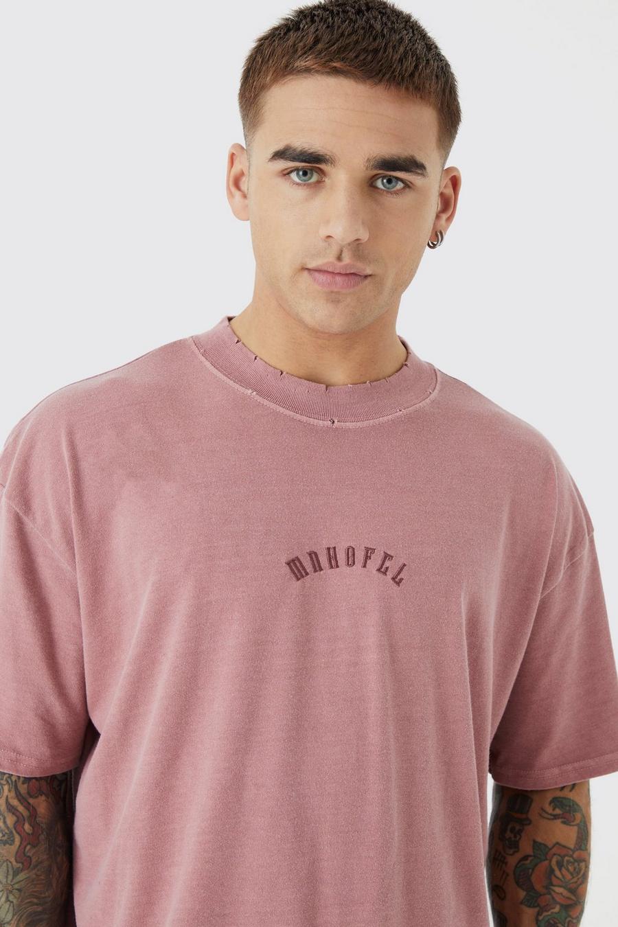 Mauve Oversized Distressed Washed Embroidered T-shirt
