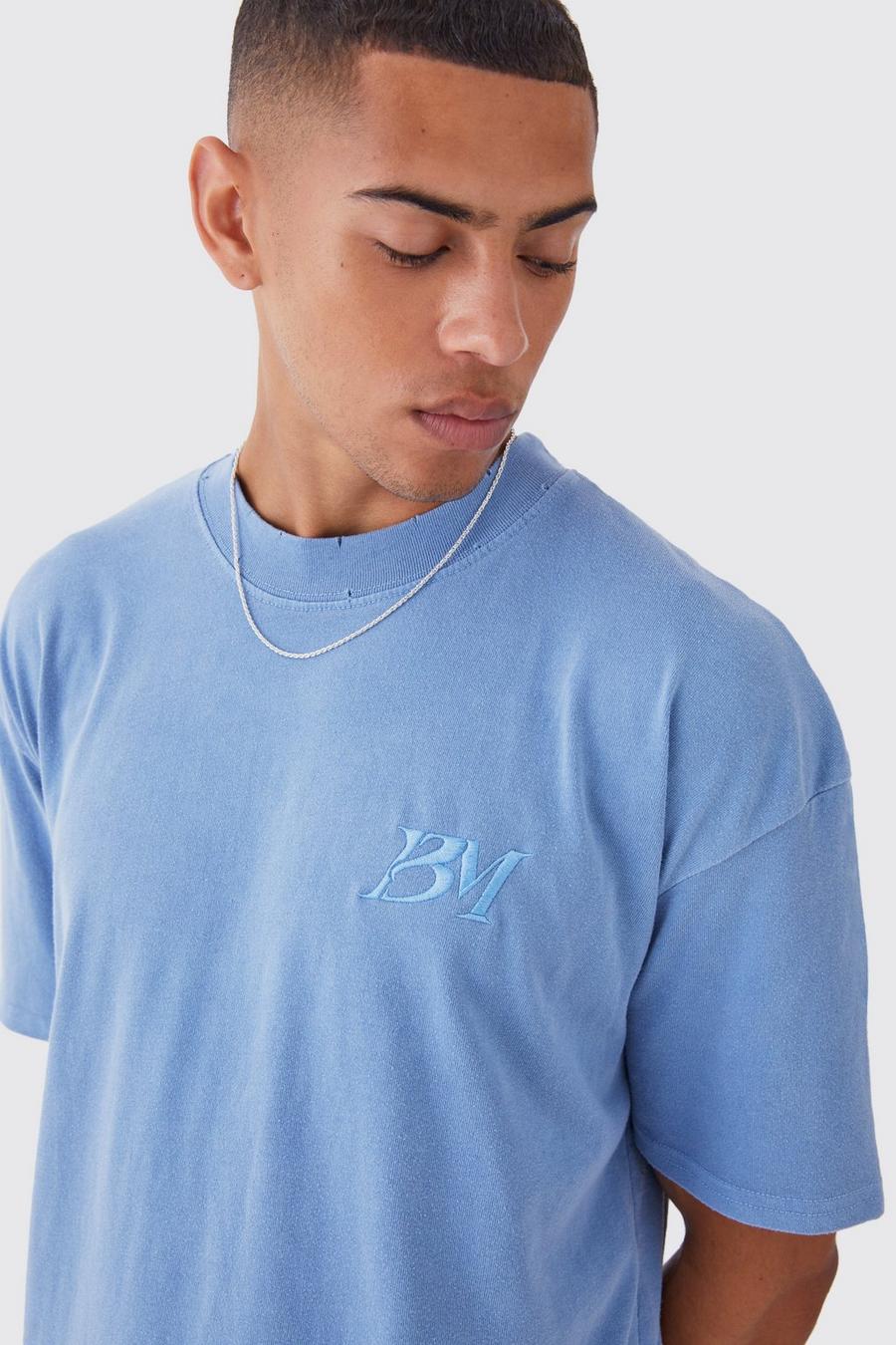 Blue Oversized Distressed Washed Embroidered T-shirt