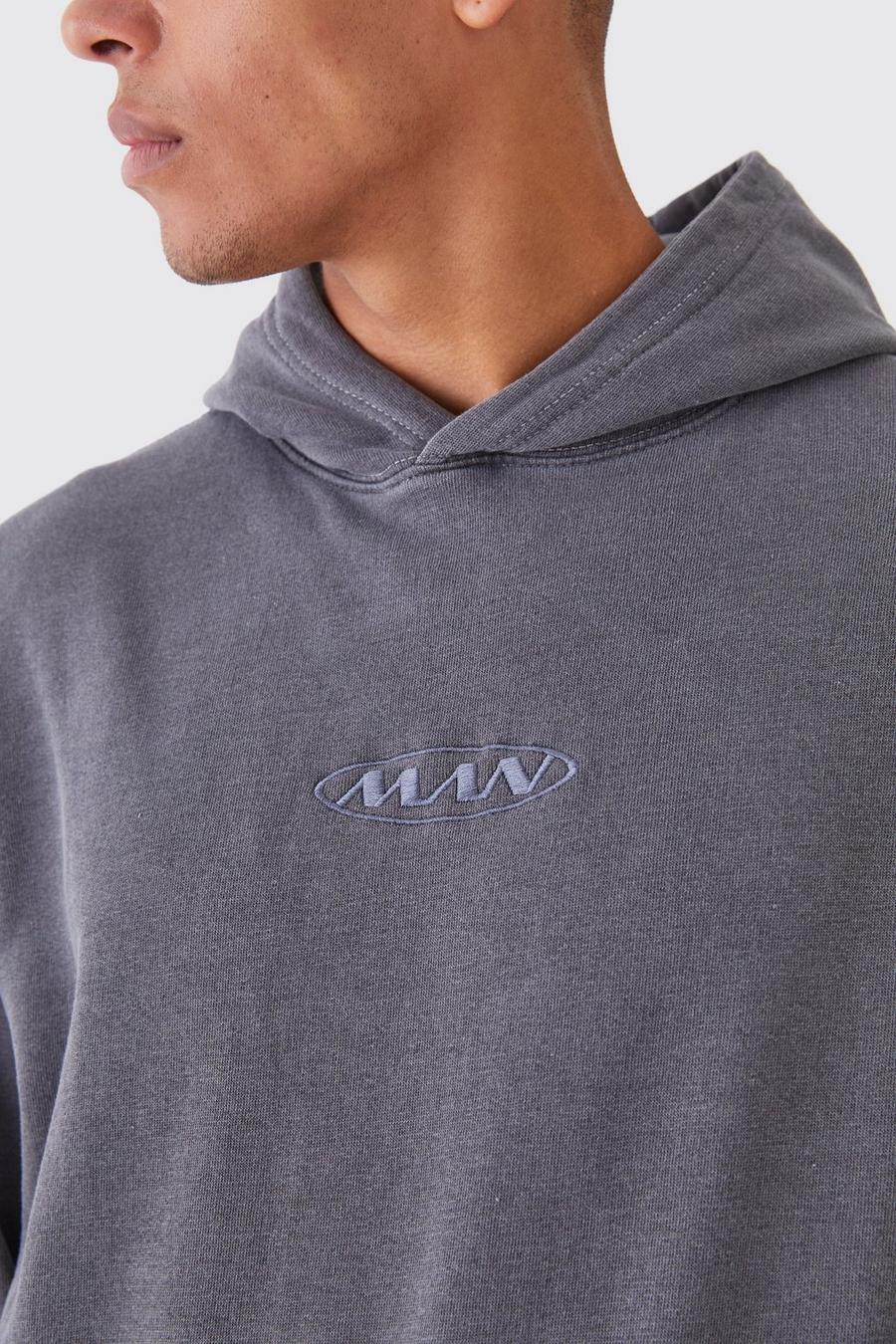 Grey Oversized Washed Embroidered Hoodie 