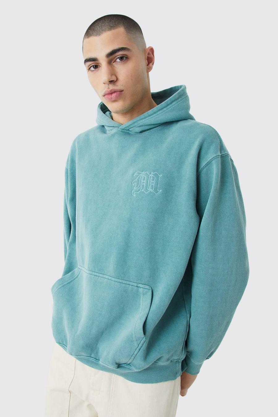 Sage Oversized Washed Embroidered Hoodie 