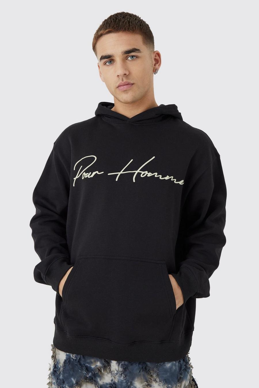 Black Oversized Pour Homme Puff Print Hoodie image number 1