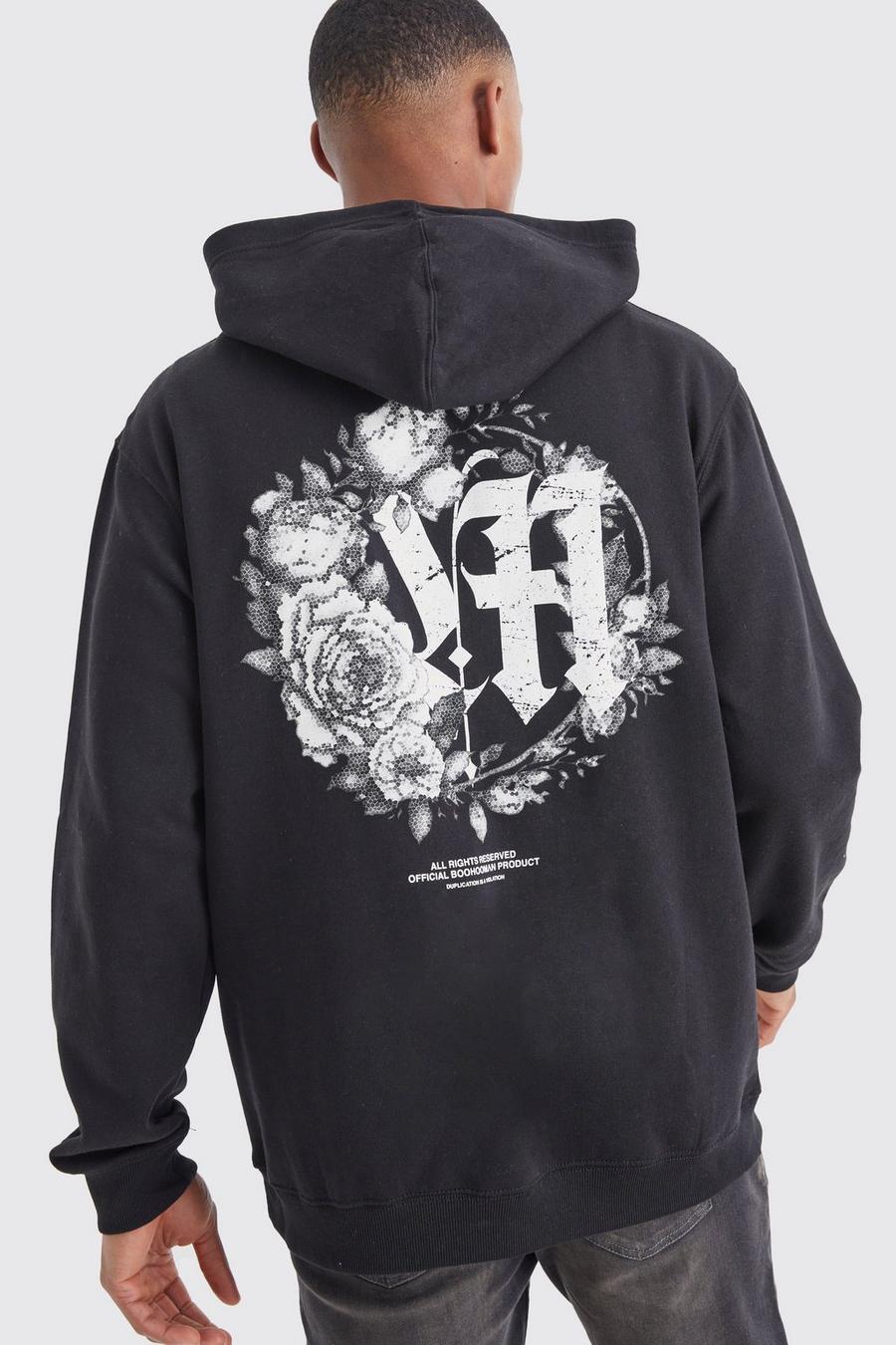 Black Oversized Rose Graphic Hoodie image number 1