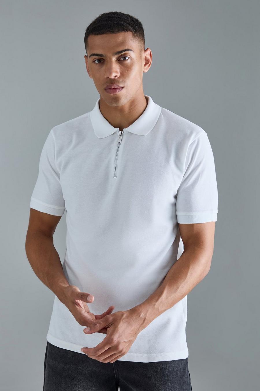 Slim-Fit Pique Poloshirt mit 1/4 Reißverschluss, White