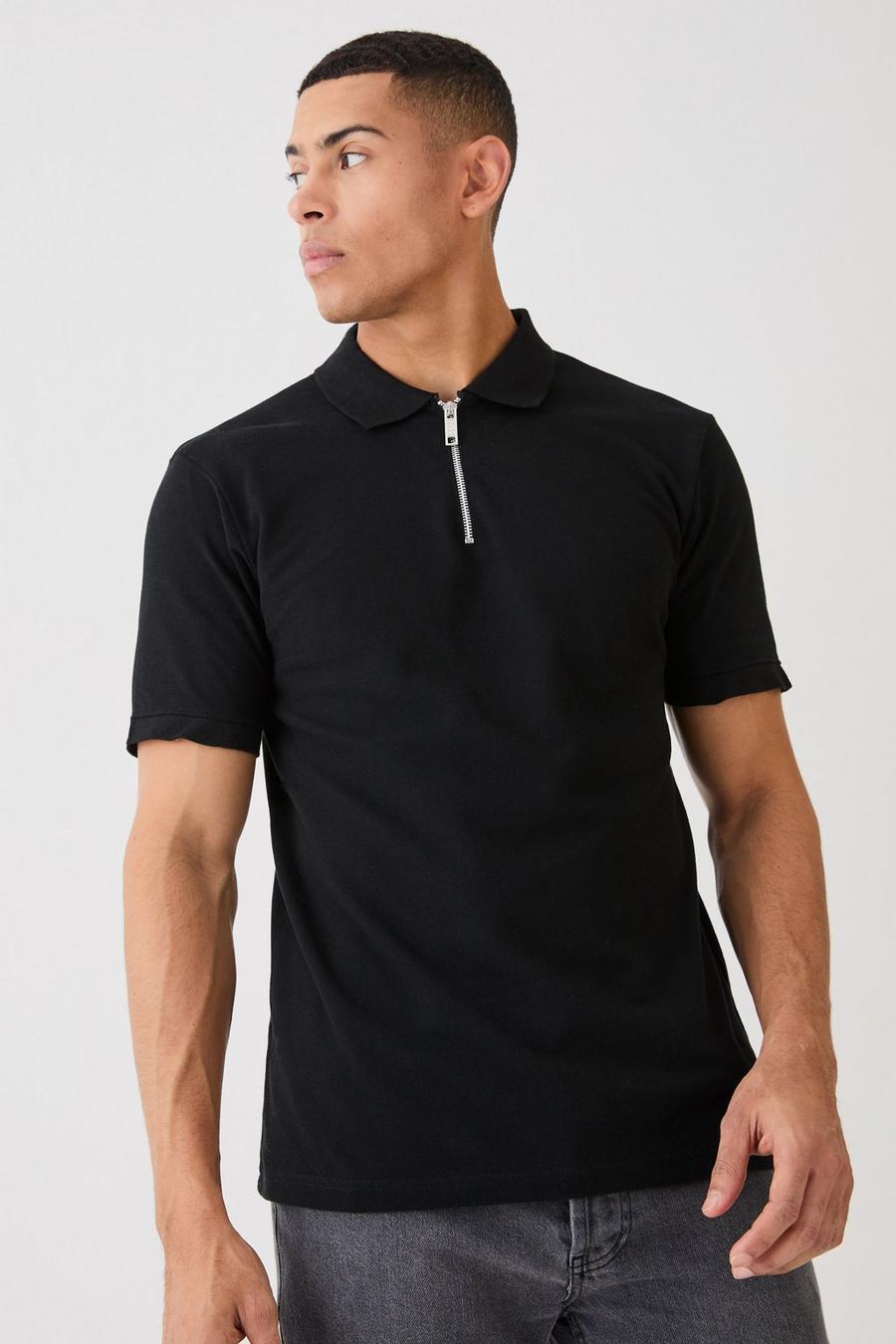 Slim-Fit Pique Poloshirt mit 1/4 Reißverschluss, Black