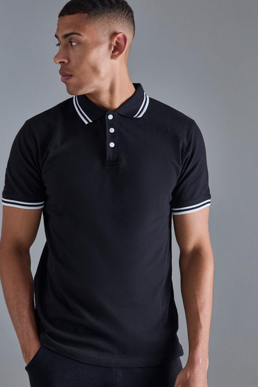 Black Slim Tipped Pique Golf Polo image number 1