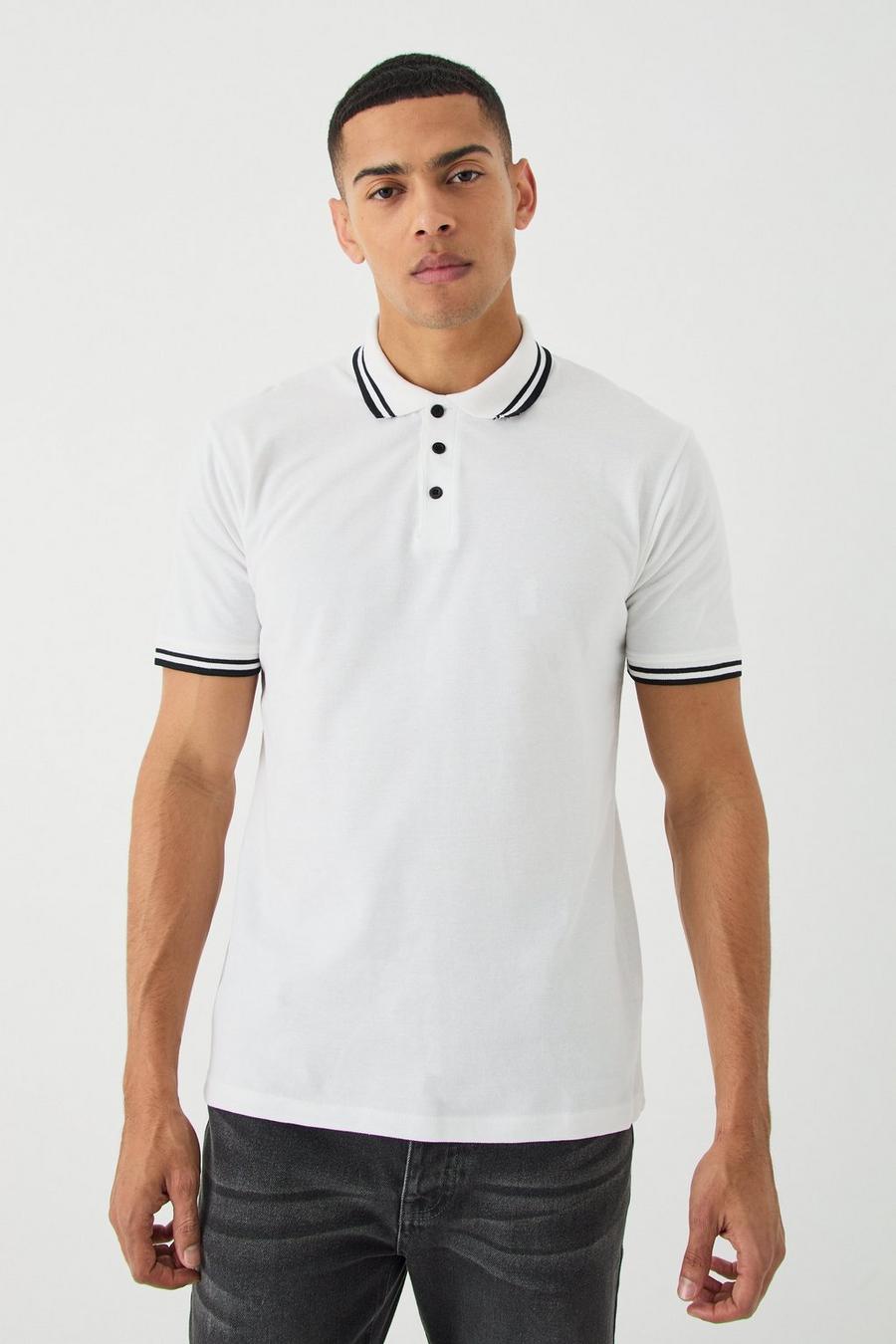 White Pique Slim Fit Polo Met Contrasterende Zoom