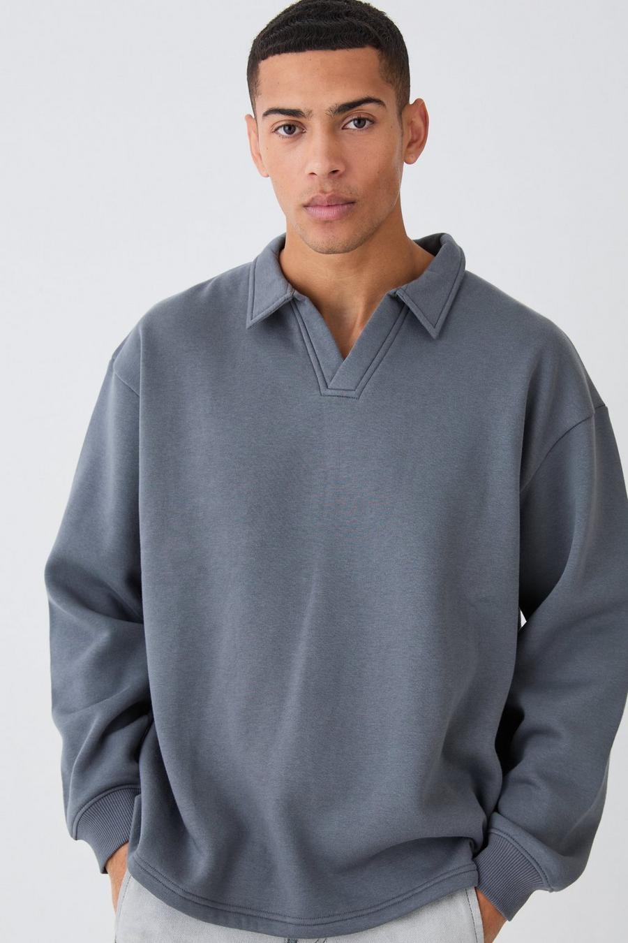 Charcoal Oversized Revere Rugby Sweatshirt Polo 