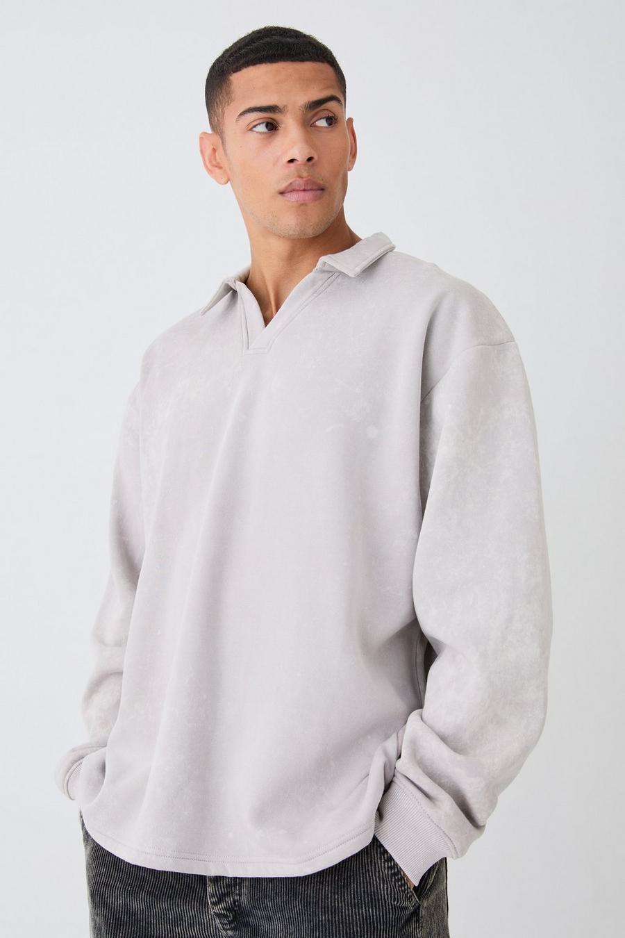 Stone Oversized Gebleekte Rugby Polo Met Revers Kraag