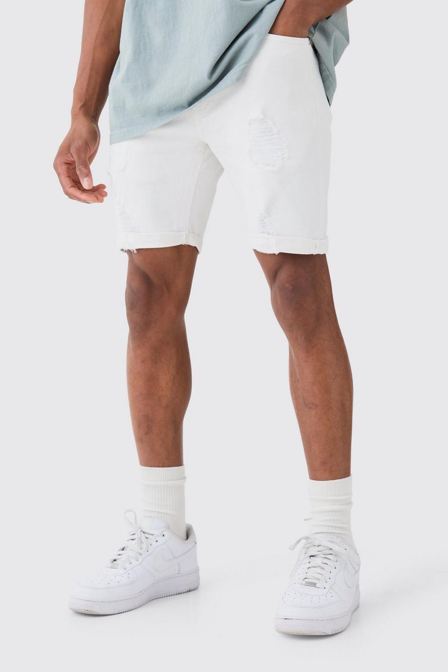 Pantalones cortos vaqueros pitillo elásticos desgastados en blanco, White