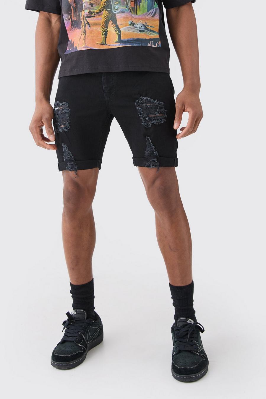 True black Zwarte Skinny Fit Stretch Versleten Denim Shorts image number 1