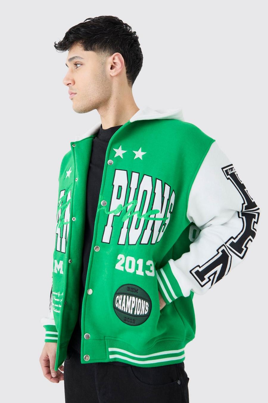 Green Oversized Applique Basketball Jersey Varsity Jacket image number 1