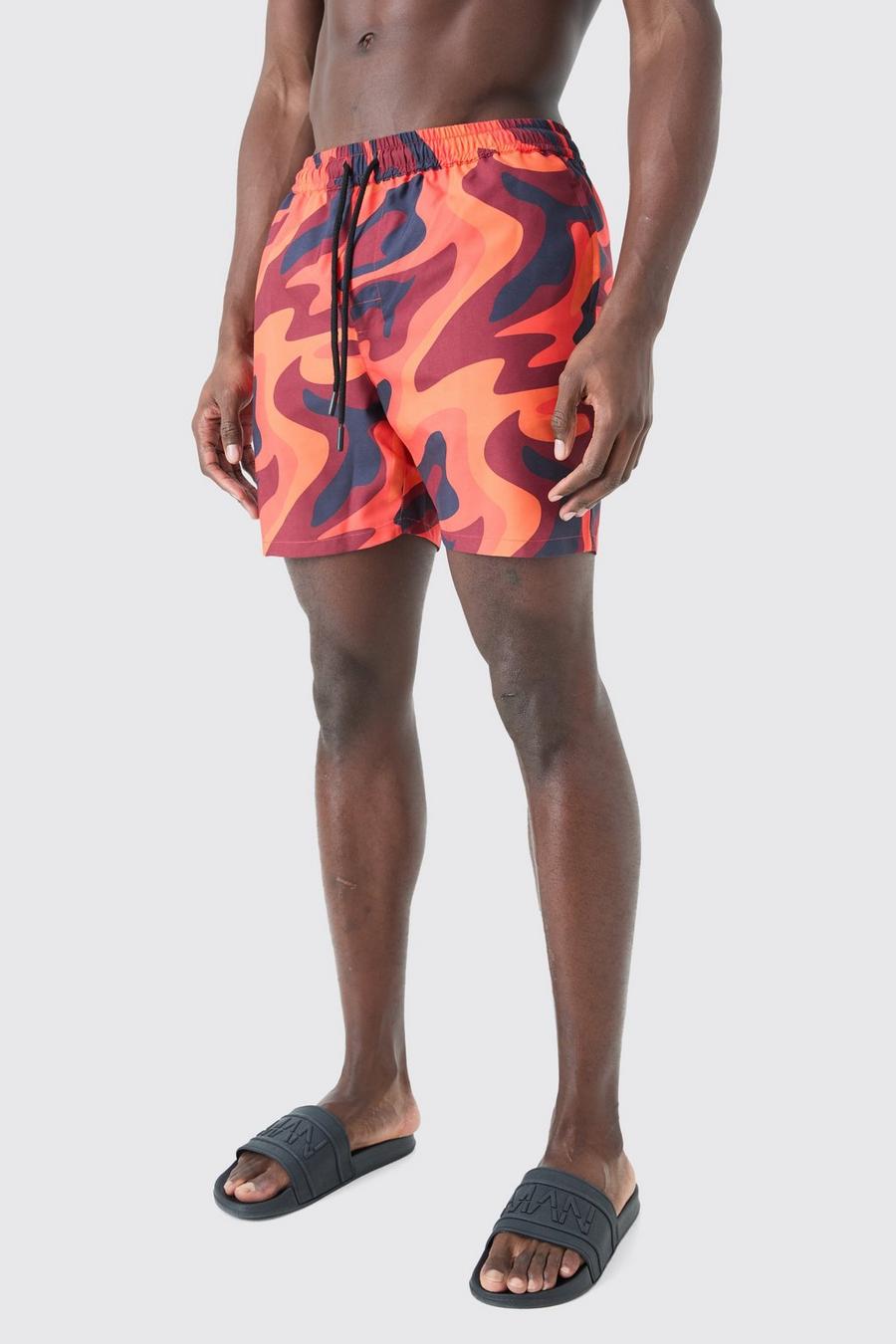 Red Mid Length Flame Swim Short
