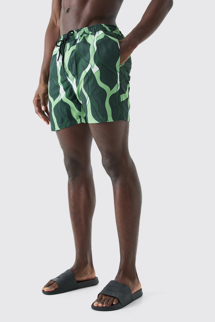 Mittellange Badehose mit Blätter-Print, Green