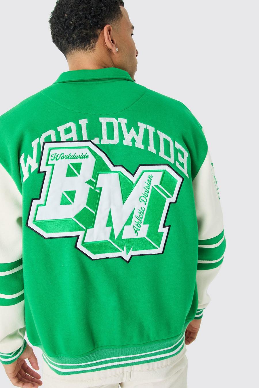 Green Oversized Embroidered Harrington Jersey Bomber Jacket 