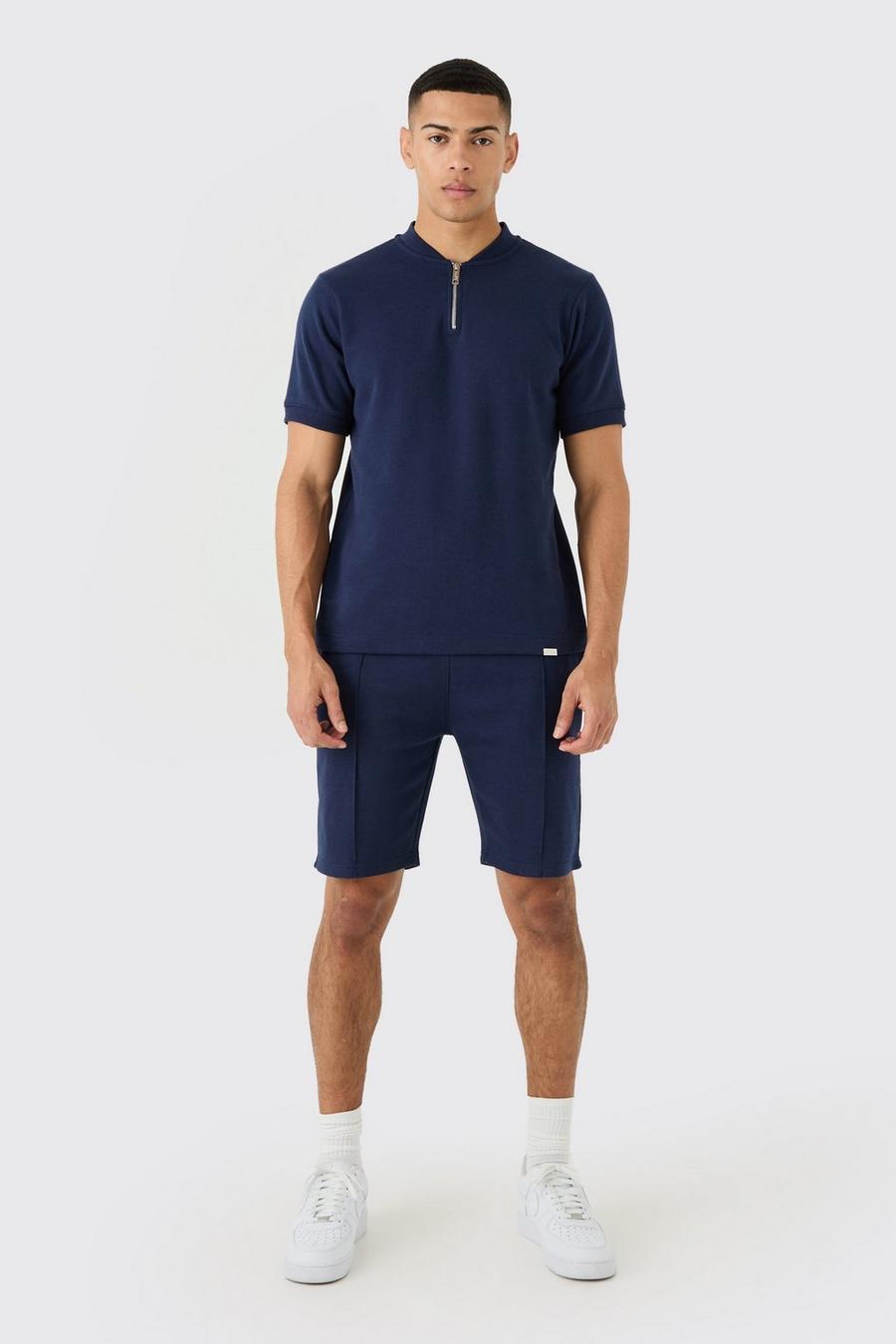 Navy Slim Fit Polo En Shorts Interlock Set