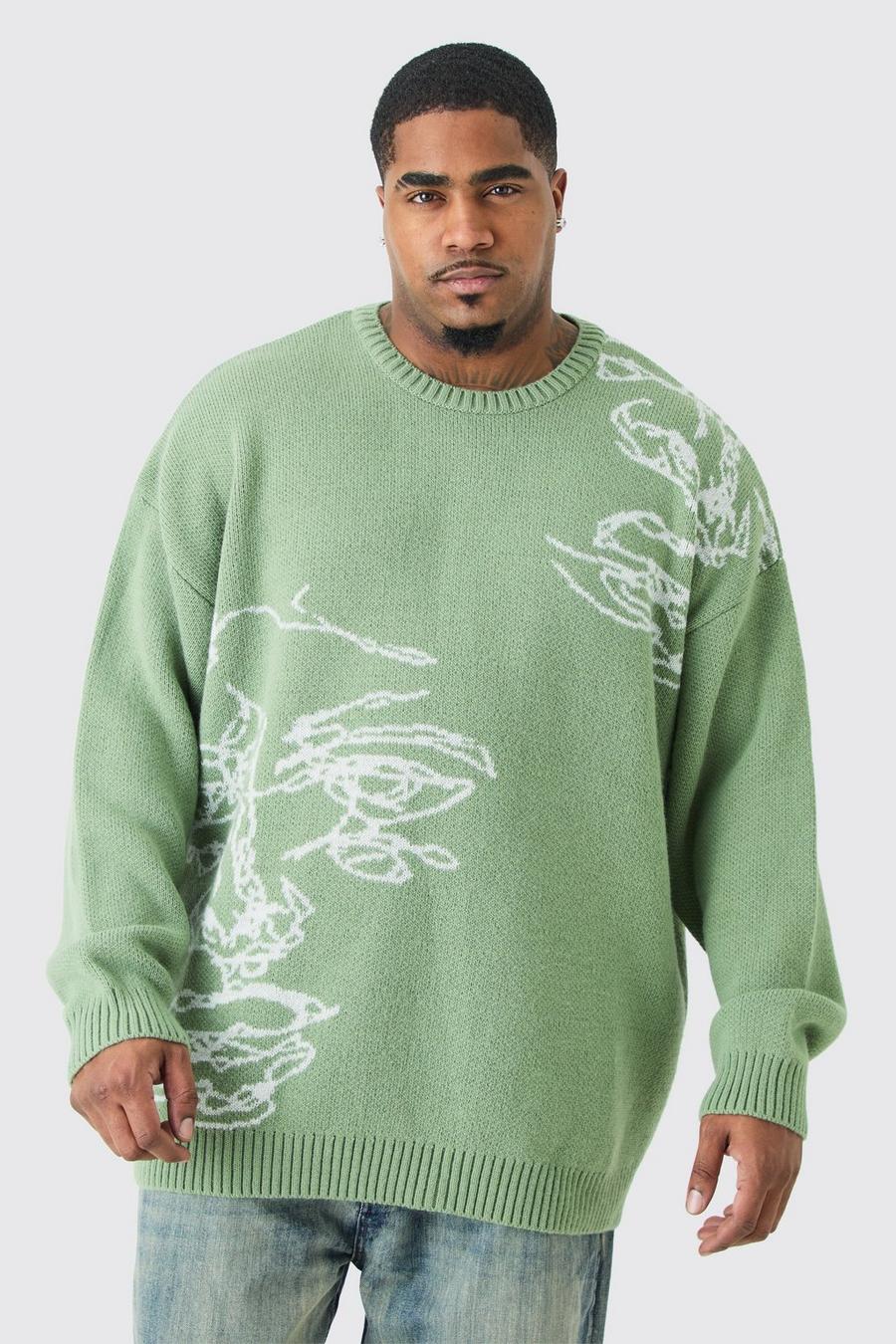 Green Plus Oversized Knitted Line Drawing Drop Shoulder Jumper image number 1