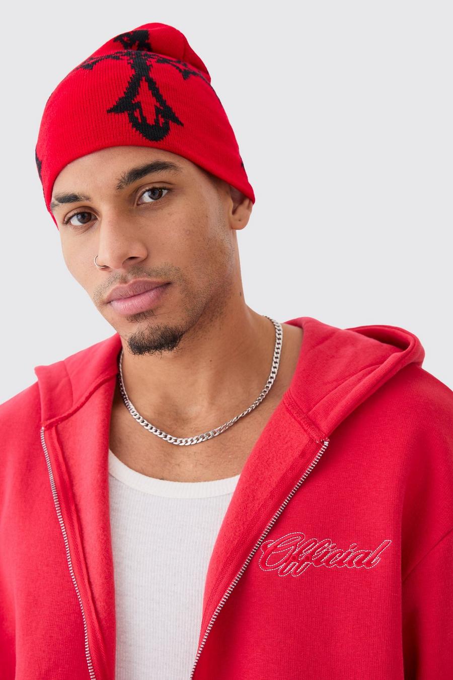 Red Gothic Cross Graphic Beanie