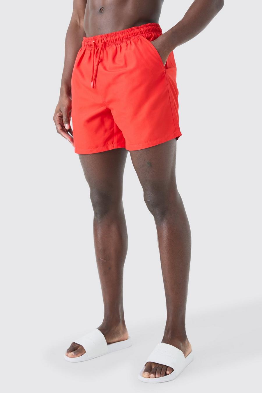 Red Plain Mid Length Swim Short