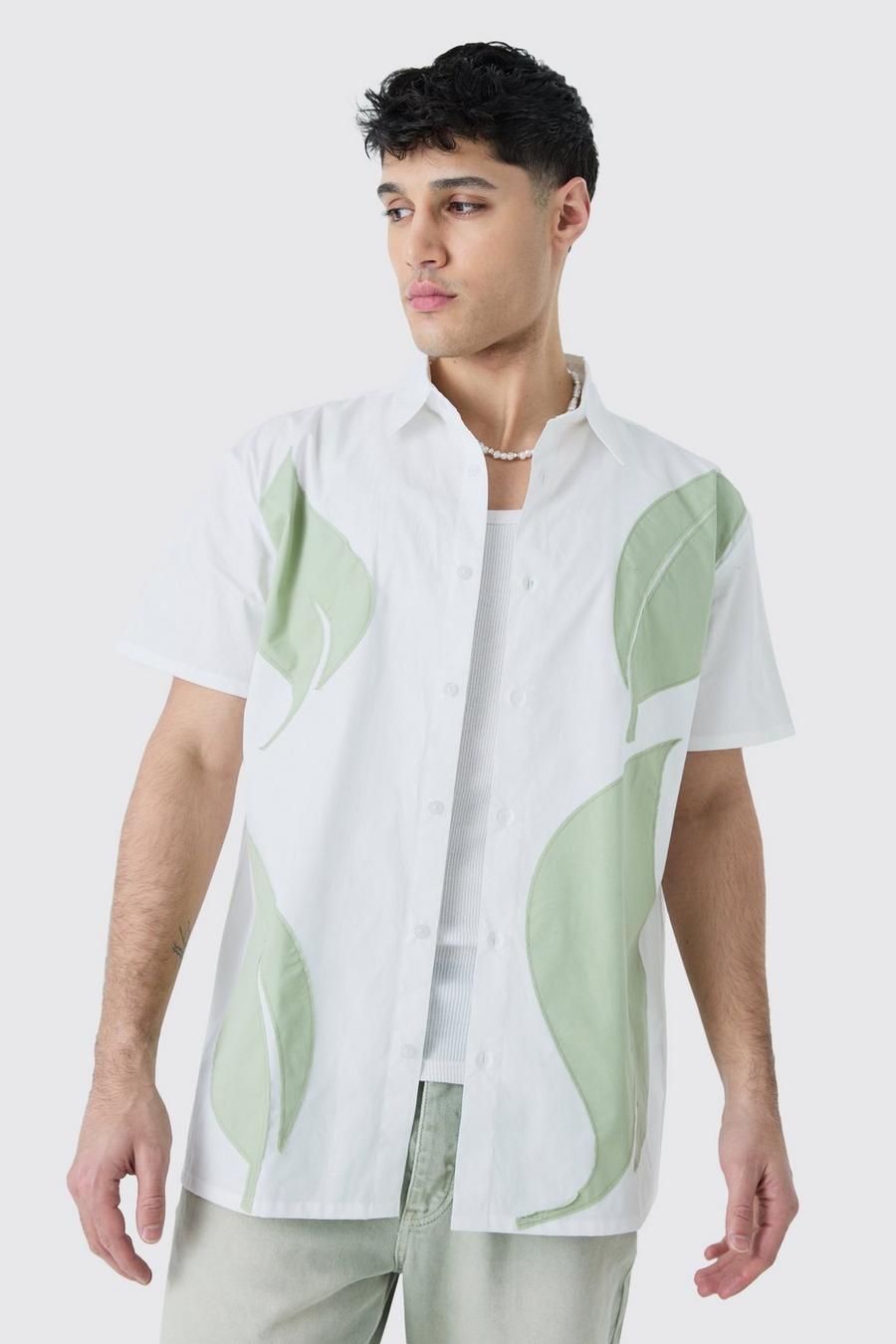 Camisa oversize de manga corta de popelina con aplique de hojas, White